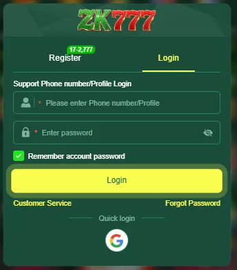 ZK777 Game login page
