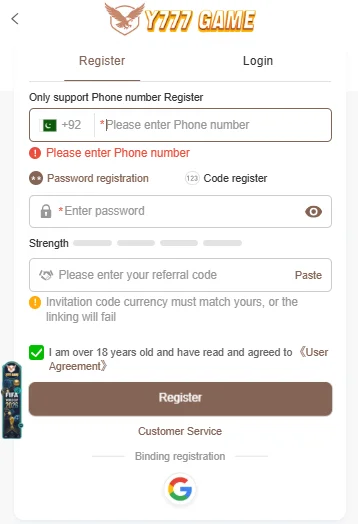 Y777 Game login process